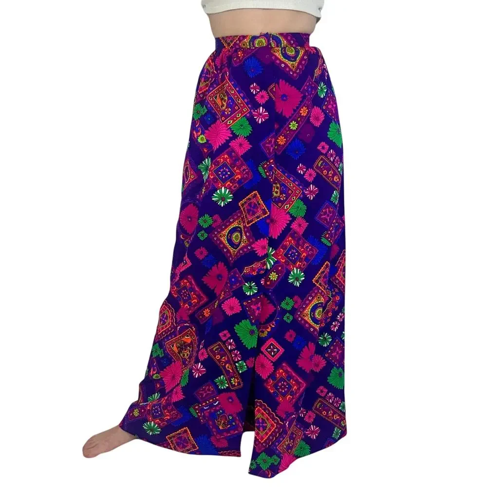 Vintage 1960s Tear Away Skirt Psychedelic Floral Print Purple Pink Green Neon